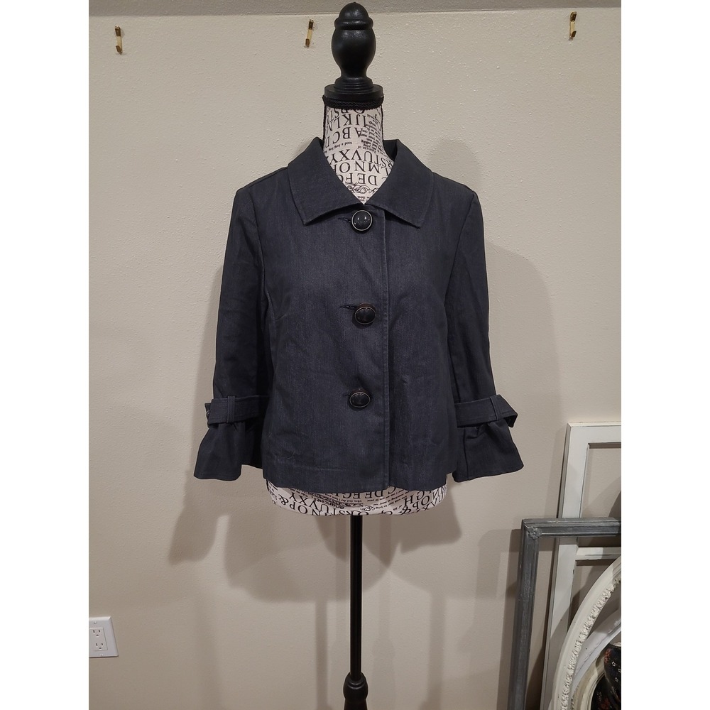 Worthington Women SZ S dark wash black cropped denim jacket w/bell cuff office